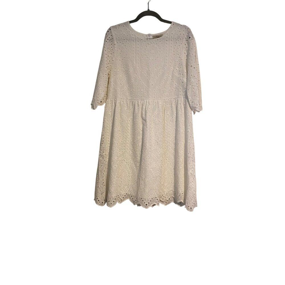 Le Ragazze White Eyelet Lace Dress L Made In Italy 3/4 Sleeves Scalloped Hem